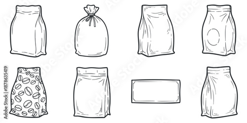 A collection of various bag and sack designs in clean outline vector style, suitable for packaging and storage concepts