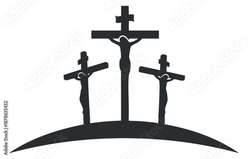 A silhouette of three crosses on a hill in dark vector style, representing the crucifixion and Christian faith