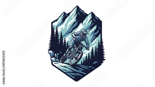 Dynamic illustration of a mountain biker descending a steep, rocky trail amidst a backdrop of snow-capped mountains and pine trees.
