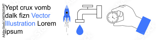 Technology, water conservation, measurement, innovation, science, space exploration. A rocket launches, water tap drips and a hand holds a pressure gauge. Technology and water conservation concept