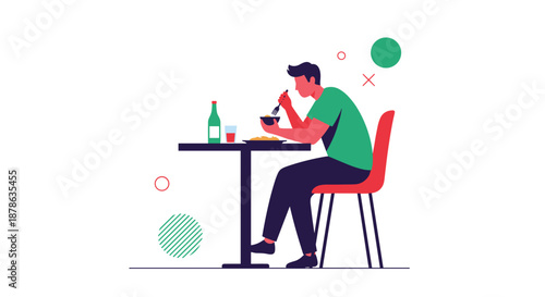 Man sitting alone at a restaurant table enjoying a meal with a bowl of food and a drink in a minimalist setting.