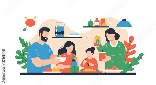 Happy family with parents and children preparing a healthy meal together in the kitchen with fresh vegetables and fruits.