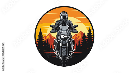 Adventure motorcycle rider on a scenic mountain road at sunset with pine trees.