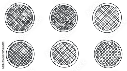 A collection of six circular geometric patterns in black and white outline style, perfect for graphic design and textile applications