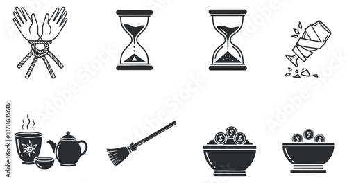 A set of black and white minimalist vector icons including hands, hourglass, broken glass, teapot, broom, and bowls with coins, suitable for various design projects