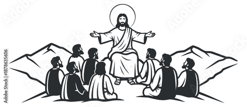 A depiction of Jesus teaching his disciples in a black and white outline vector style, ideal for religious illustrations and educational materials