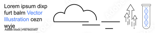 Cloud computing, biotechnology, data science, innovation, technology, research. Abstract cloud, DNA helix in a test tube and upward arrows. Cloud computing and biotechnology