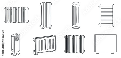 A collection of various radiator designs in clean outline vector style, suitable for interior design projects and home improvement