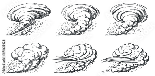 A collection of six swirling smoke and cloud illustrations in detailed black and white sketch style, ideal for weather-themed designs