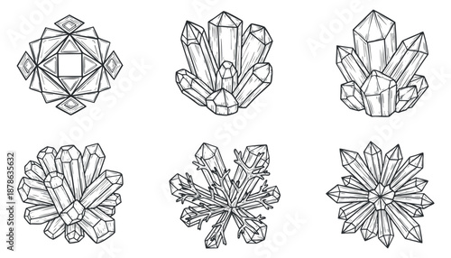 A collection of six geometric crystal illustrations in black outline vector style, ideal for decorative design and branding