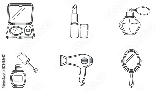 A collection of beauty and makeup items including lipstick, perfume, hairdryer, and mirror in minimalist line art vector style, perfect for beauty branding and cosmetic design