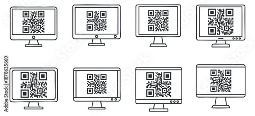 A collection of computer monitors displaying QR codes in a minimalist black and white vector style, suitable for digital marketing and technology projects