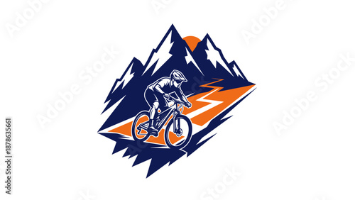 Dynamic illustration of a mountain biker navigating a winding, rocky trail through a scenic mountain landscape at sunset.