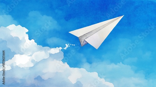 Paper airplane soaring through a bright blue sky, surrounded by fluffy white clouds, symbolizing freedom, creativity, and the joy of flight in a whimsical illustration