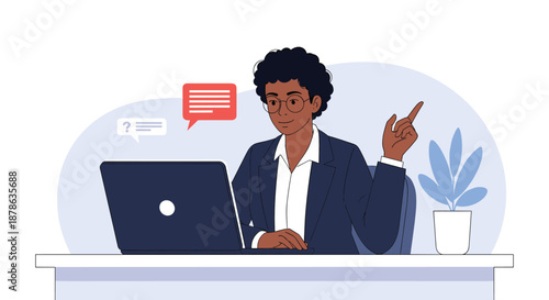 Professional black businesswoman sitting at a desk working on her laptop and pointing upwards while giving a presentation.
