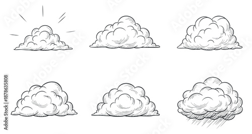 A set of hand-drawn clouds in various styles including fluffy, stormy, and sunny in outline sketch vector style, perfect for weather-themed designs
