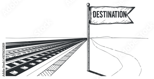 A hand-drawn sketch of a destination sign next to railway tracks in minimalist black and white style, suitable for travel-themed designs