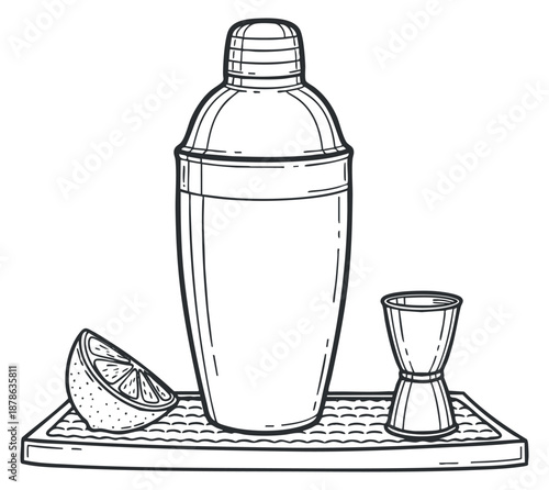A cocktail shaker, jigger, and lime wedge in outline vector style, perfect for bar and mixology designs