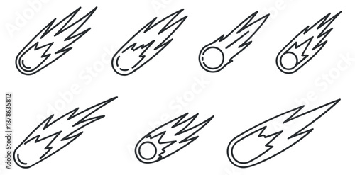 A collection of comet and meteor illustrations in outline vector style, suitable for space-themed designs and graphics