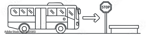 A bus approaching a stop sign with an empty bench in a clean line art vector style, suitable for transportation and urban planning illustrations