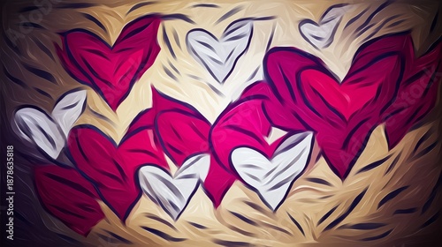 Colorful hearts in various sizes and shapes are artistically arranged on a textured background, creating a vibrant and romantic atmosphere for celebrations and special occasions