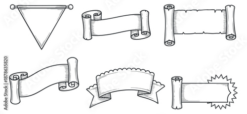 A collection of decorative banners and ribbons in black and white outline vector style, perfect for graphic design projects and branding