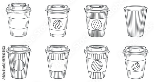 A set of eight hand-drawn coffee cups in outline style, perfect for branding and packaging in the food and beverage industry