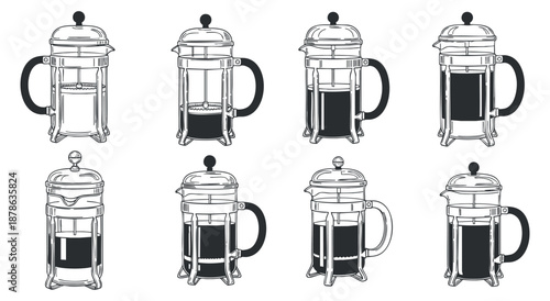 A collection of French press coffee makers in black and white minimalist vector style, perfect for cafe branding and kitchen decor