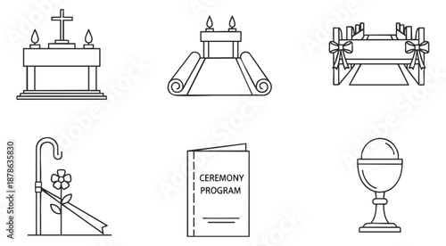 A collection of funeral and memorial icons including an altar, ceremony program, and decorative elements in minimal outline vector style, suitable for event planning and design