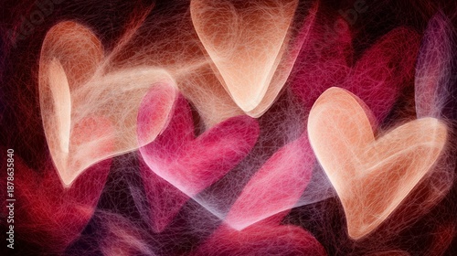 Abstract illustration of glowing hearts in various shades of pink and red, creating a romantic atmosphere with soft textures and ethereal light effects for love-themed designs