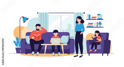 Family spending time together in their living room with each member engaged in different activities like reading and working.