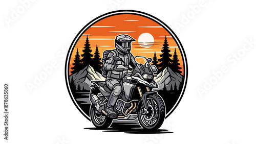 Adventure motorcycle rider on a scenic mountain road at sunset, with pine trees and a vibrant orange sky.