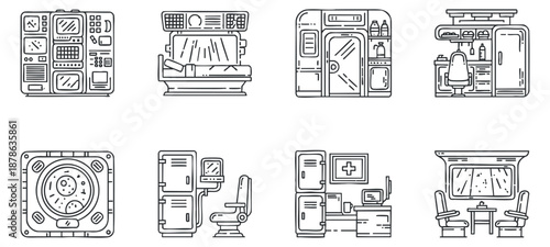 A collection of medical equipment and healthcare icons in clean line art vector style, suitable for healthcare branding and educational materials