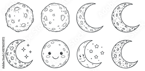 A collection of various moon illustrations including smiling and crescent moons in playful outline vector style, suitable for children's designs and educational materials