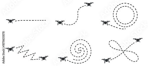 A set of drone flight path illustrations featuring various movement patterns in minimalist vector style, ideal for technology and navigation design projects