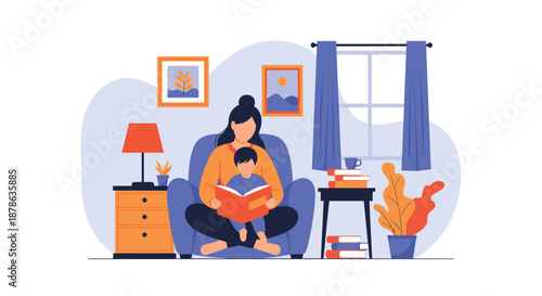 Caring mother sitting in a comfortable armchair reading a storybook to her young child in a cozy home setting.
