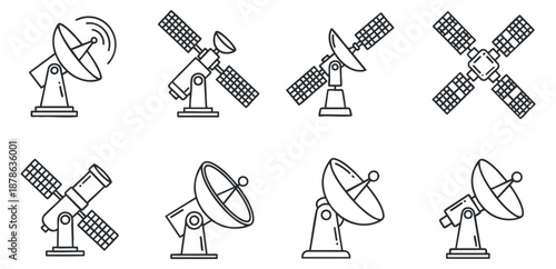 A set of satellite and antenna icons in outline vector style, ideal for technology and communication projects