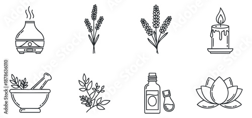A collection of aromatherapy elements including a diffuser, lavender sprigs, candles, and essential oil bottles in minimalist outline vector style, perfect for wellness and spa design