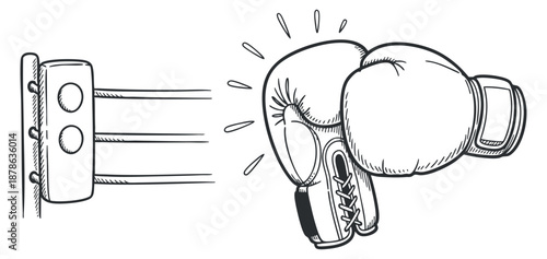 A boxing glove in dynamic motion with impact lines in a simple outline sketch style, suitable for sports and fitness branding