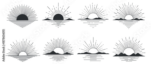 A collection of eight minimalist vector illustrations of sunrises and sunsets with rays, ideal for nature-themed designs
