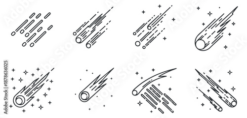 A set of six comet and meteor illustrations in minimalist outline vector style, ideal for space-themed projects and educational materials