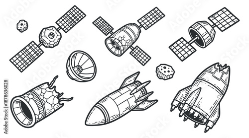 A collection of hand-drawn rockets and satellites in detailed black and white vector style, ideal for space exploration themes