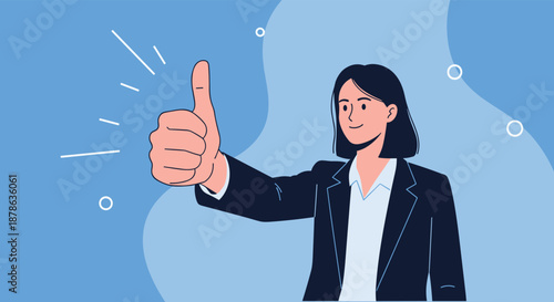 Successful young businesswoman in a professional dark suit giving a thumbs up gesture against a blue artistic background.