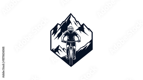 A dynamic illustration of a mountain biker descending a steep, rocky slope, set against a backdrop of jagged mountain peaks.
