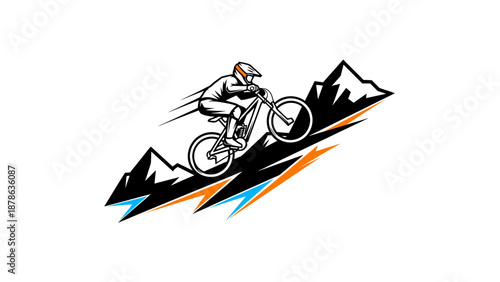 Dynamic illustration of a mountain biker descending a steep, rocky slope with speed lines and stylized mountain peaks.