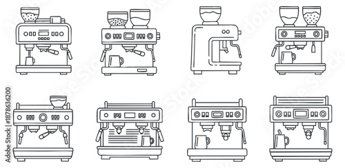 A collection of eight coffee machines in outline vector style, ideal for coffee shop branding and kitchen design