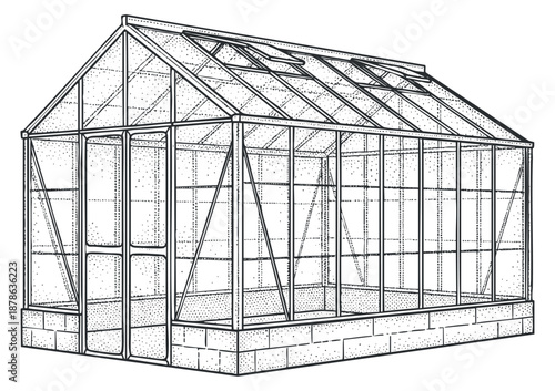 A detailed outline illustration of a greenhouse structure in black and white vector style, suitable for gardening and agriculture projects