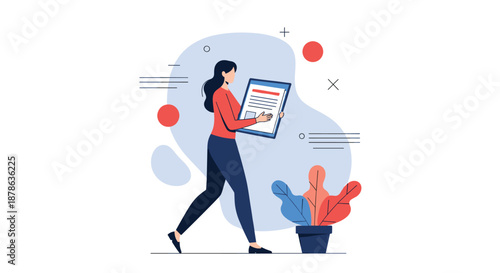 Professional woman walking while holding a large document or digital tablet showing details of a project or report.