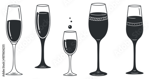 A collection of five different types of drink glasses in minimalist black outline vector style, perfect for bar menus and drink branding