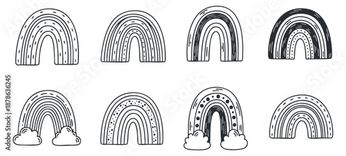 A set of colorful rainbow illustrations with clouds in outline vector style, ideal for children's designs and joyful projects